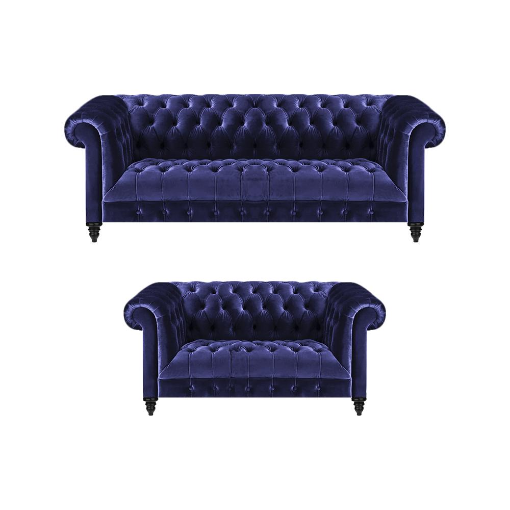 Chesterfield Design Luxus Polster Blau 2x Sofas Couch Sitz Garnitur Wohnzimmer