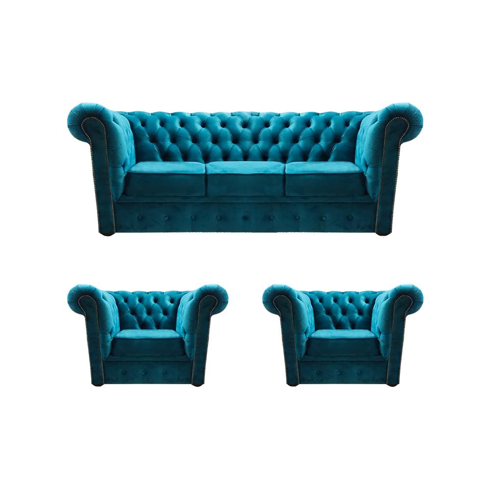 Chesterfield Wohnzimmer Blau Sofagarnitur Polster Textil Komplett 3tlg 3+1+1