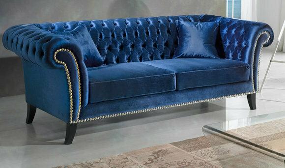 Design Sofa 3 Sitzer Couch Polster Sofas Stoff Wohnzimmer Blaue Textil Couchen