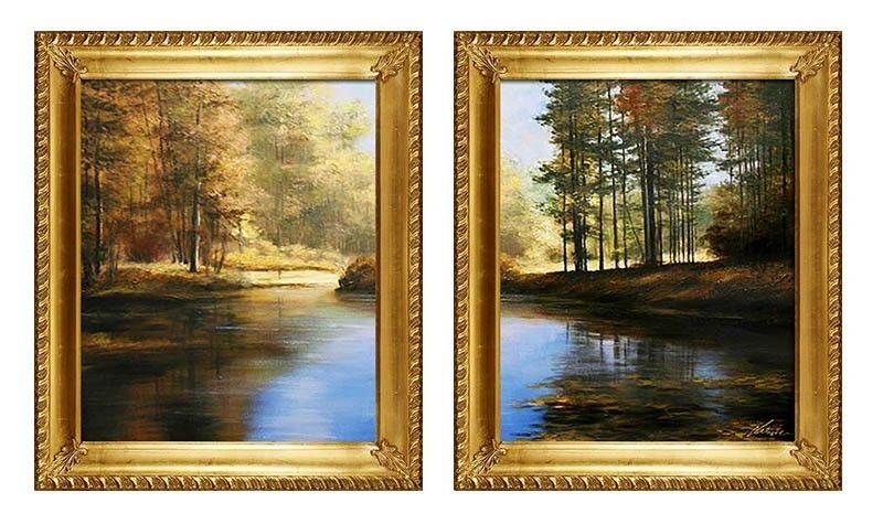 2x Gemälde See Wald Natur Handarbeit Ölbild Bild Ölbilder Rahmen Bilder