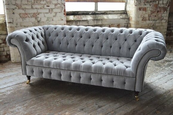 Chesterfield 3 Sitzer XXL Polster Sitz Silber Couch Sofa Garnitur Big Couchen